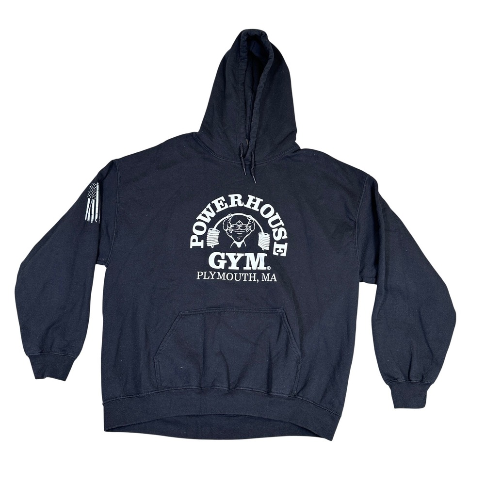 Powerhouse Gym Plymouth MA Hoodie Black Graphic Sweatshirt Mens XL Gildan Heavy